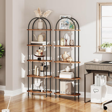 GoFurnitureHub 5-Tier Arched Bookcase – Industrial Wood & Metal Display Shelf, Rustic Brown