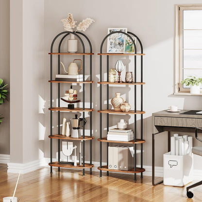 GoFurnitureHub 5-Tier Arched Bookcase – Industrial Wood & Metal Display Shelf, Rustic Brown