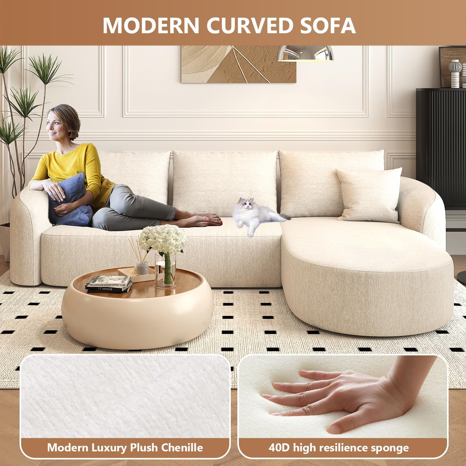 GoFurnitureHub 111" Modular Curved Sectional Sofa – Luxury L-Shaped Cloud Couch with Right Chaise, White