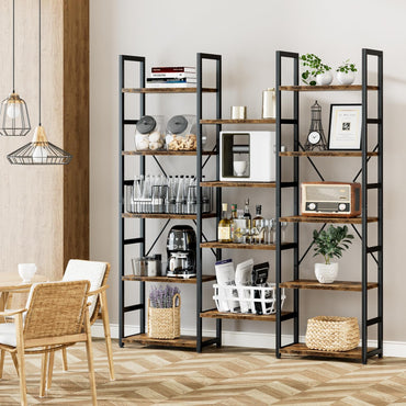 GoFurnitureHub Triple Column 5-Tier Bookcase – 14-Shelf Rustic Industrial Storage Bookshelf, Vintage