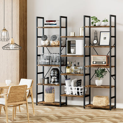 GoFurnitureHub Triple Column 5-Tier Bookcase – 14-Shelf Rustic Industrial Storage Bookshelf, Vintage