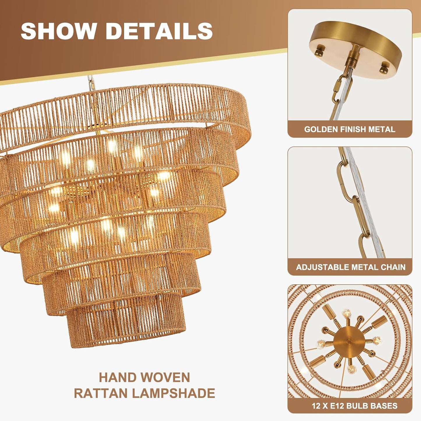 GoFurnitureHub 31.5" Large Gold Rattan Chandelier – 12-Light Handwoven Boho Farmhouse Drum Ceiling Light