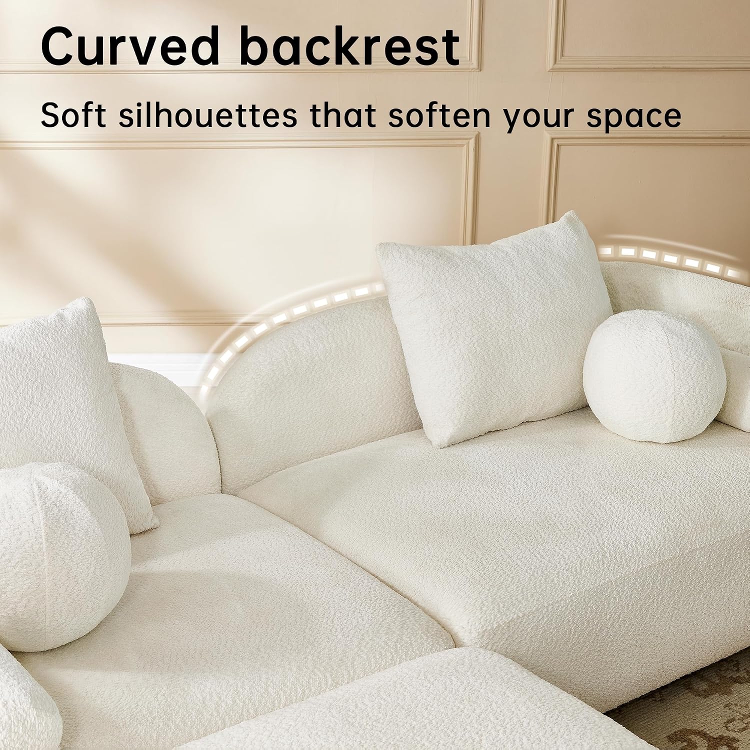 GoFurnitureHub 91.75" Curved Bouclé Sofa – Modern 3-Seater Cloud Couch with Wood Legs & Pillows