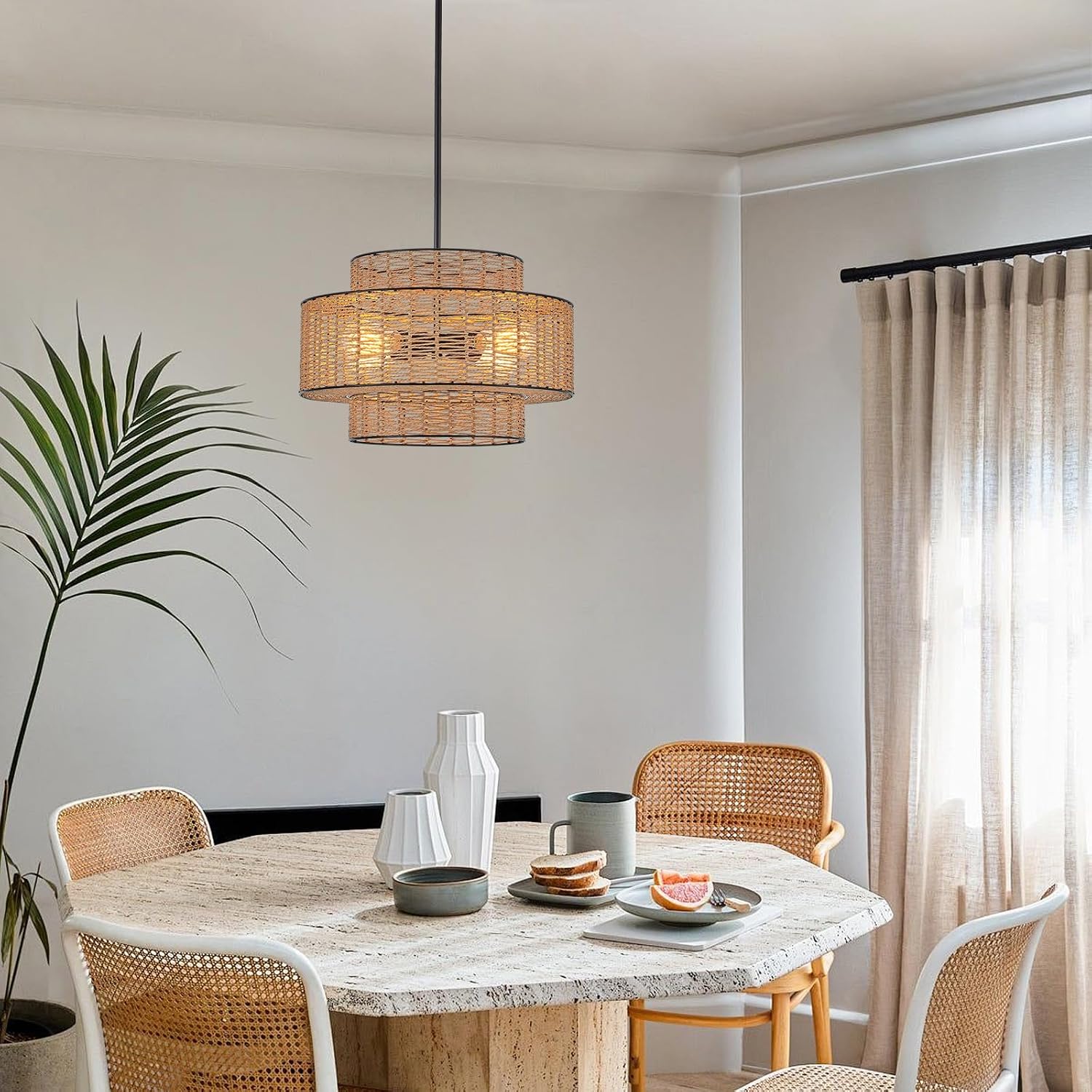 GoFurnitureHub Boho Bamboo Chandelier – Handwoven Rattan Farmhouse Ceiling Light, Black