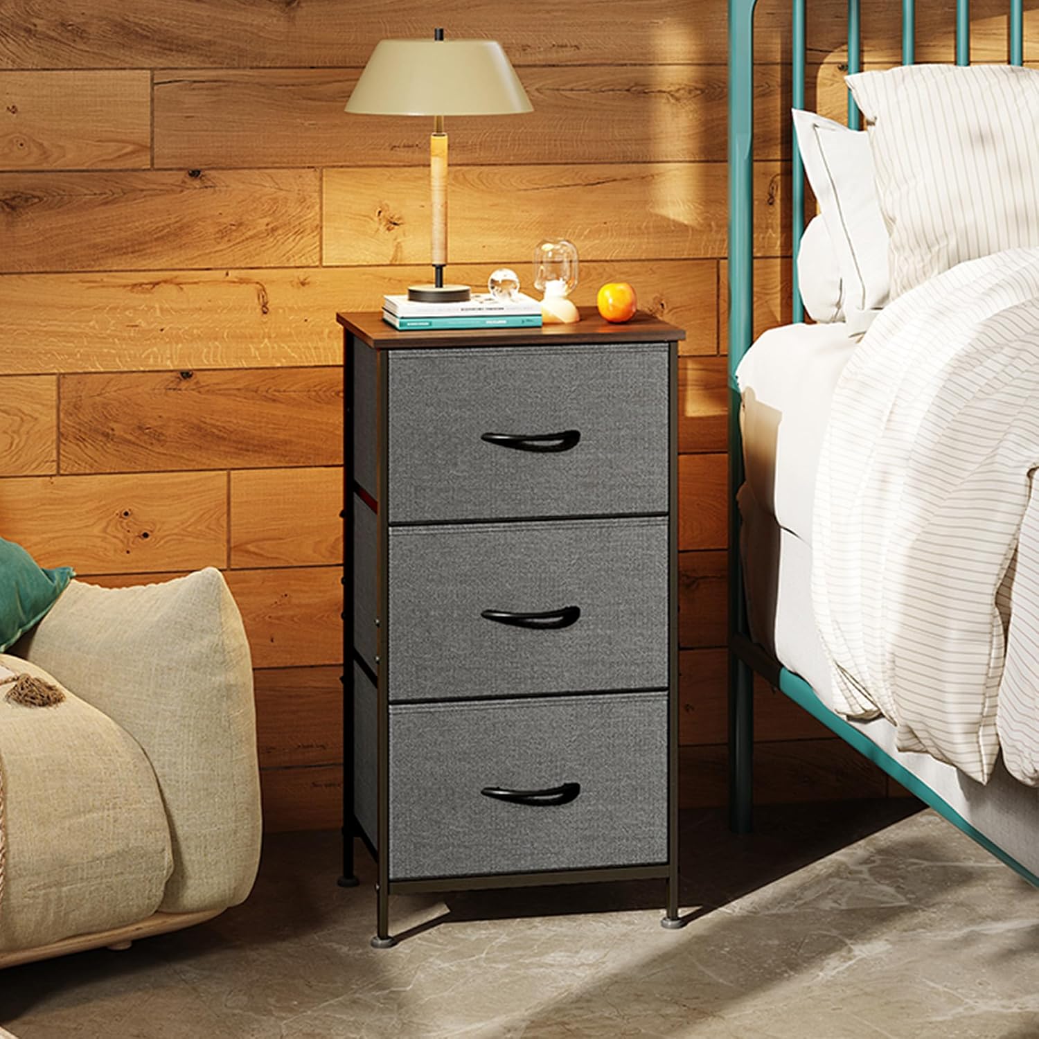 GoFurnitureHub 3-Drawer Fabric Dresser Nightstand – Dark Grey Storage Organizer with Wood Top & Steel Frame