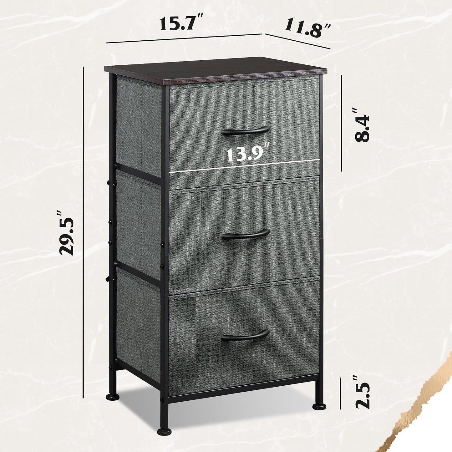 GoFurnitureHub 3-Drawer Fabric Dresser Nightstand – Dark Grey Storage Organizer with Wood Top & Steel Frame