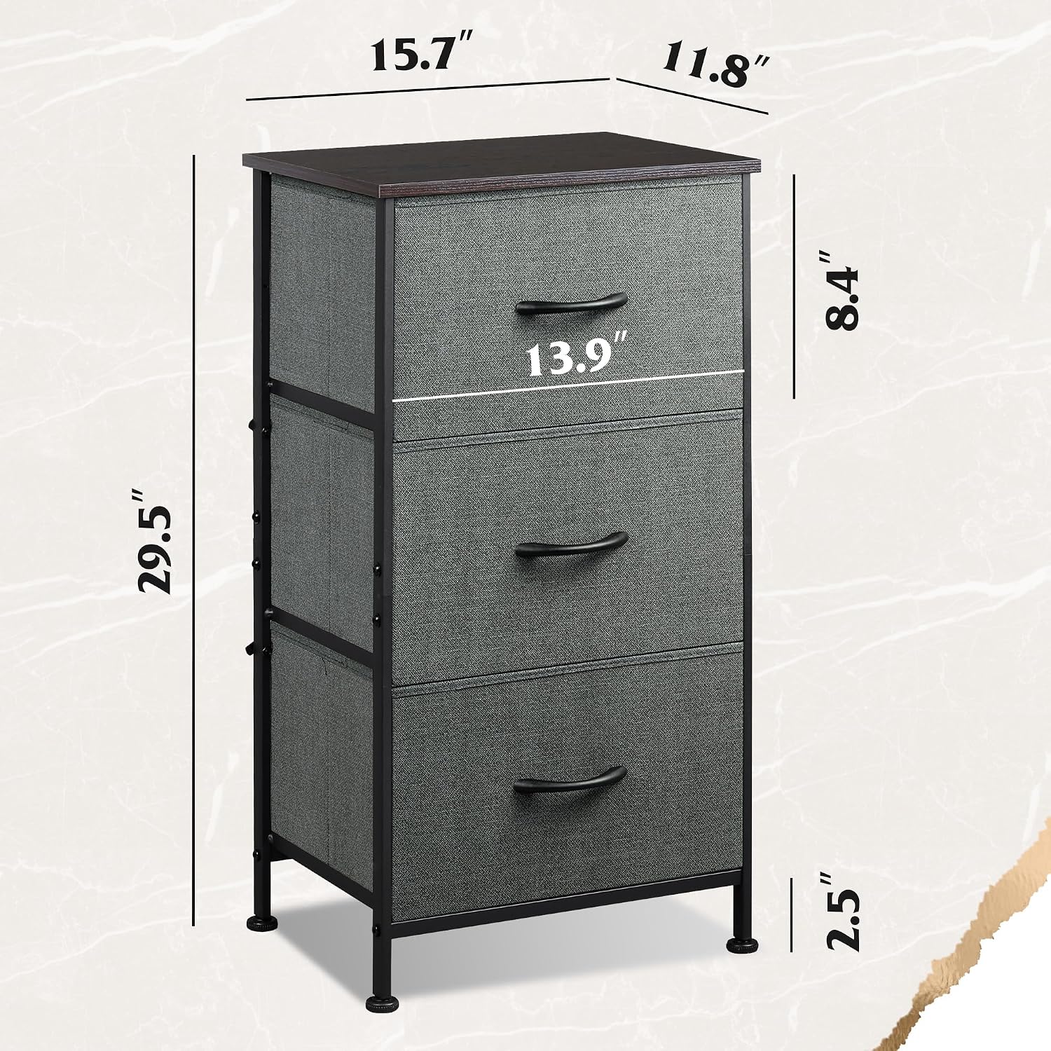 GoFurnitureHub 3-Drawer Fabric Dresser Nightstand – Dark Grey Storage Organizer with Wood Top & Steel Frame