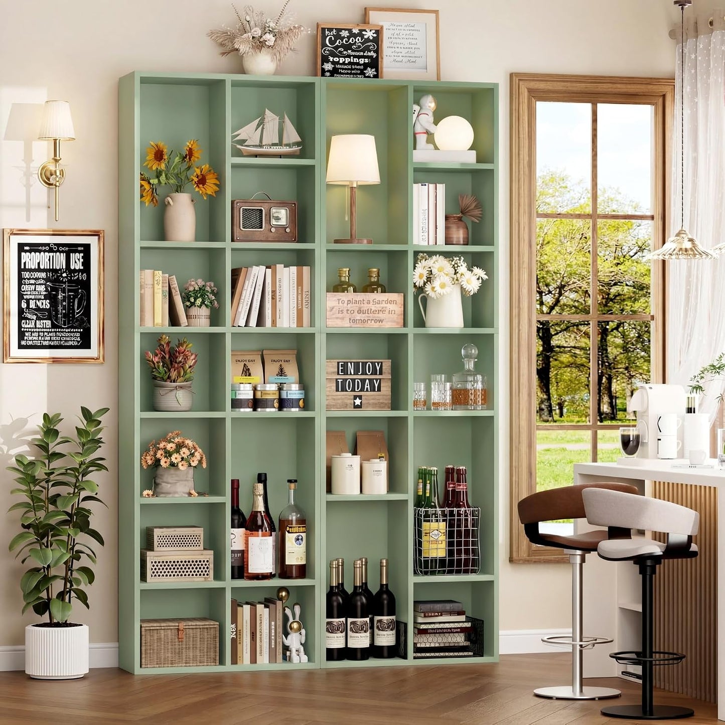 GoFurnitureHub 71" Tall 7-Tier Double Wide Bookshelf – 14-Cube Green Bookcase with Adjustable Shelves