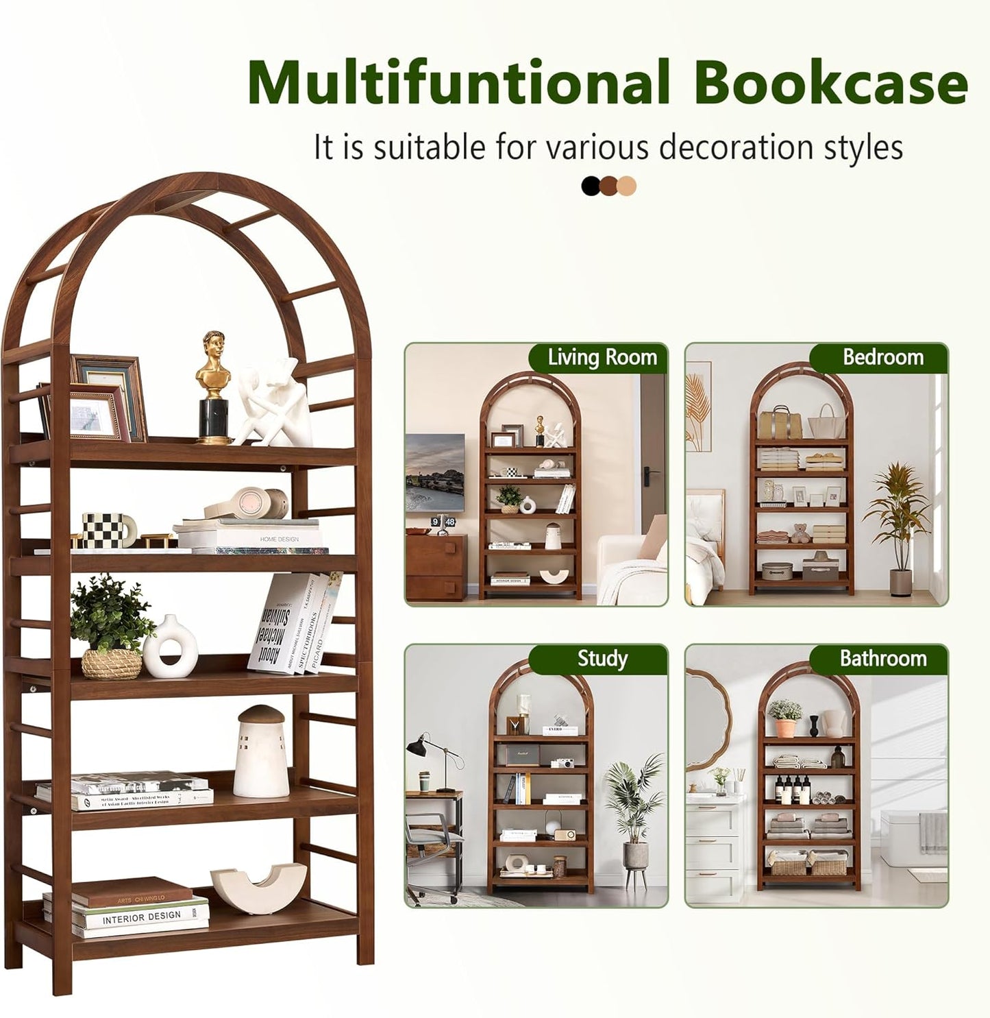 GoFurnitureHub 5-Tier Solid Wood Arched Bookshelf – Modern Walnut Open Display Bookcase for Home & Office