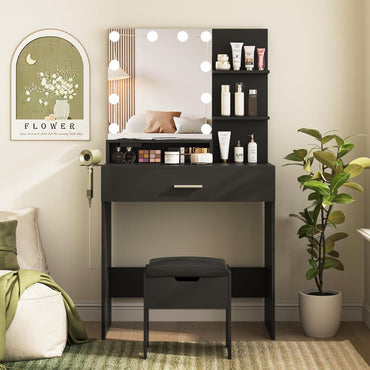 GoFurnitureHub Small Black Vanity Desk with LED Mirror, Storage Chair & Power Outlet – Makeup Vanity Set with Adjustable Lights