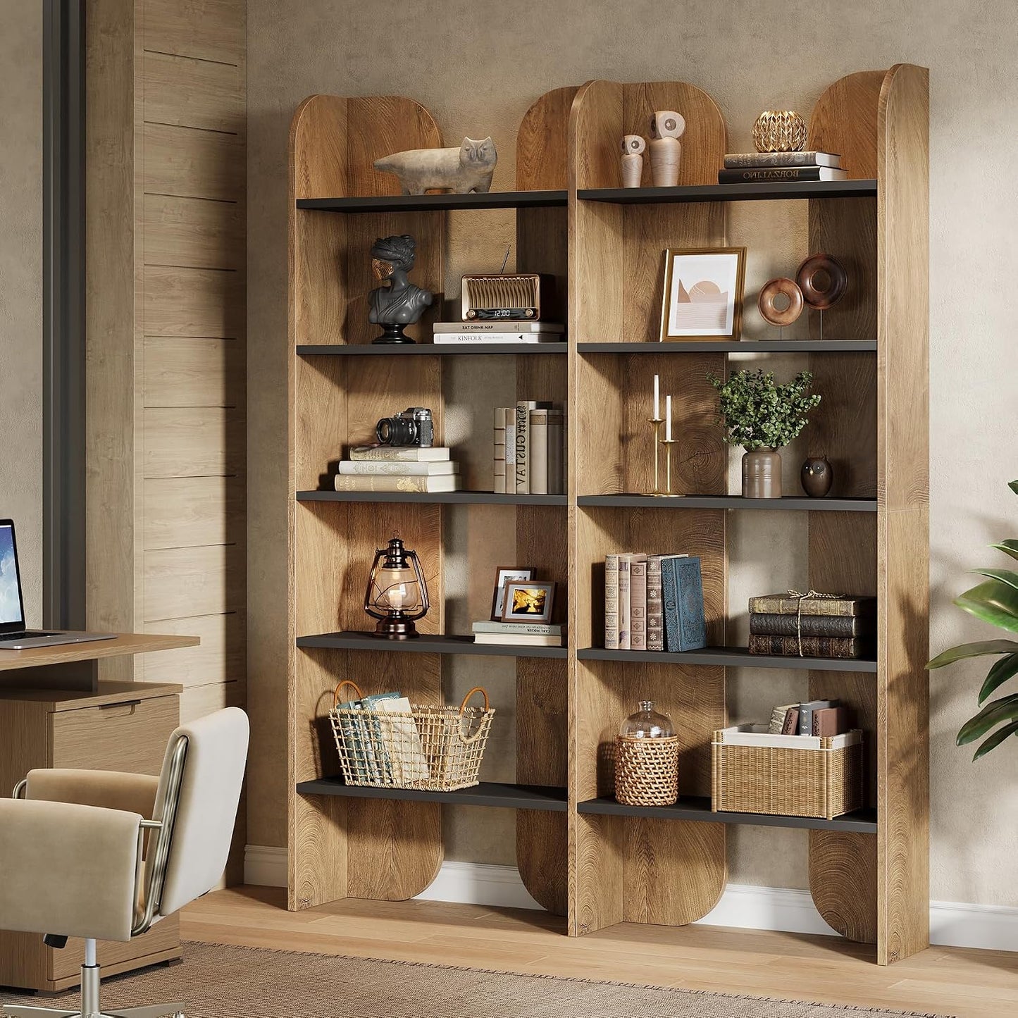 GoFurnitureHub 70.87" Tall Farmhouse Bookcase – 5-Tier Double Wide Open Bookshelf, Brown