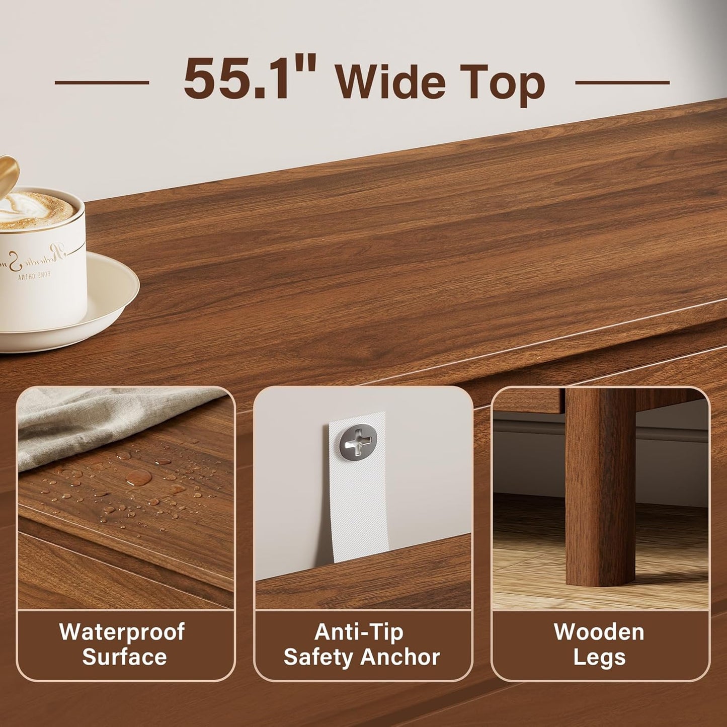 GoFurnitureHub 55" Mid-Century Modern 6-Drawer Dresser – Walnut Wood Storage Chest