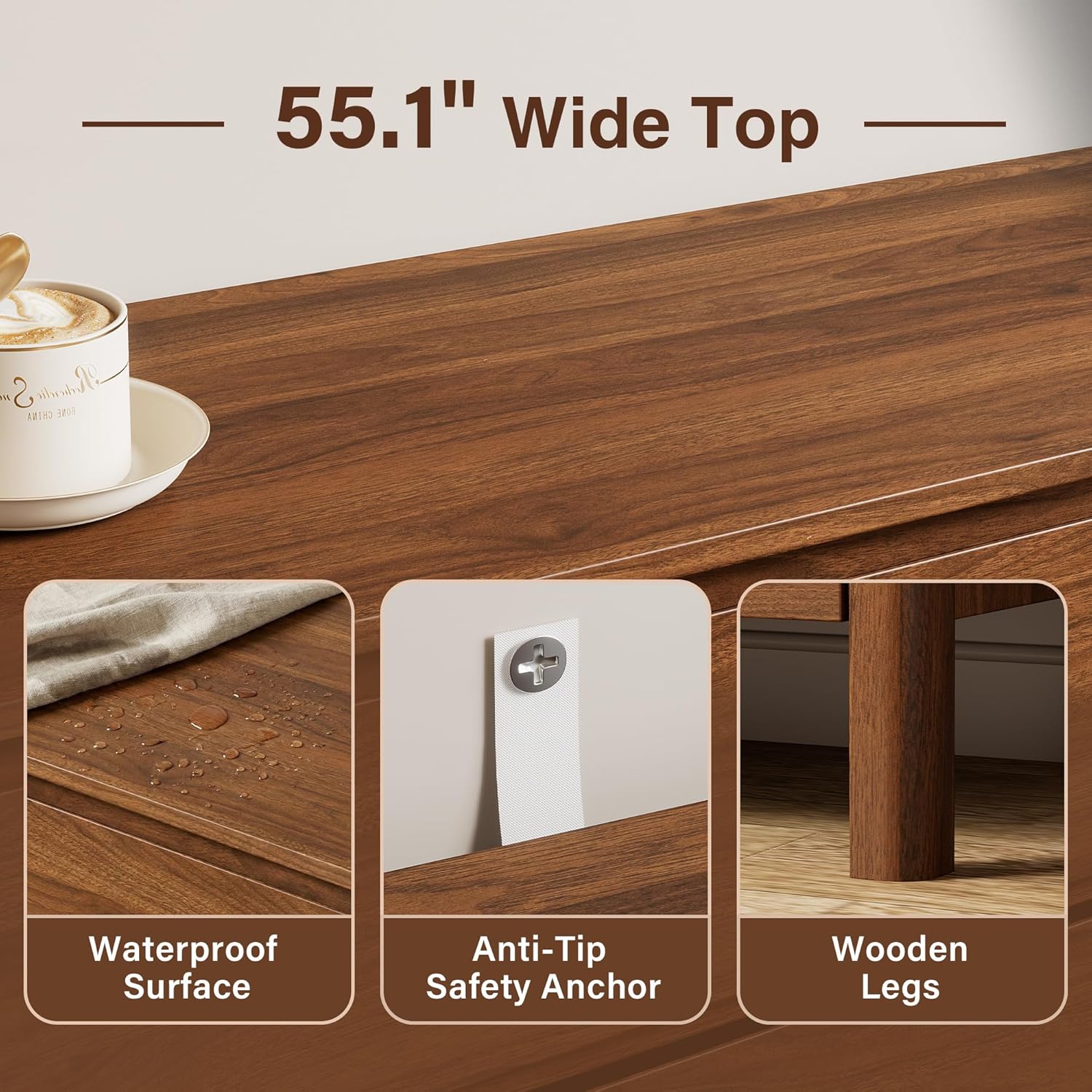 GoFurnitureHub 55" Mid-Century Modern 6-Drawer Dresser – Walnut Wood Storage Chest