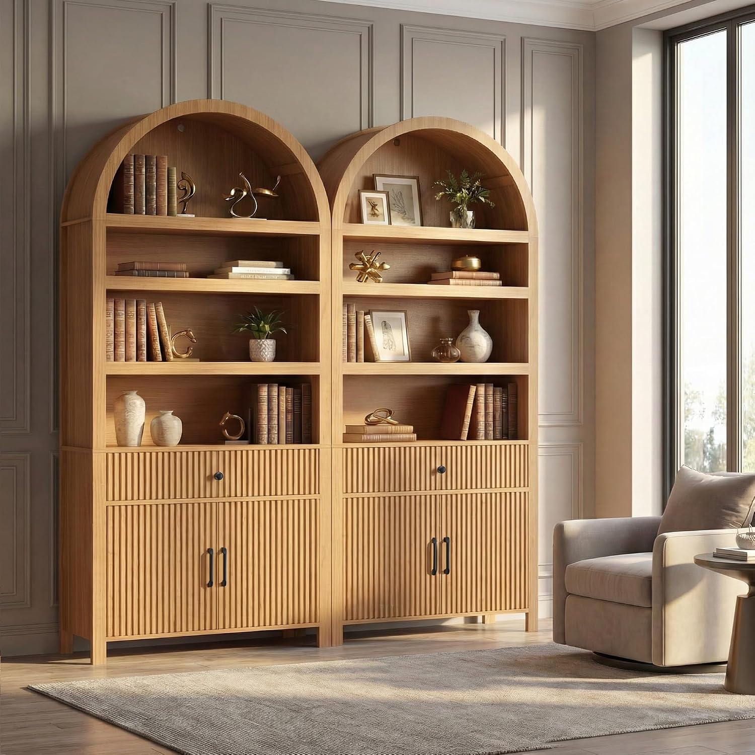 GoFurnitureHub 70" Mid-Century Arched Bookcase with Storage Cabinet