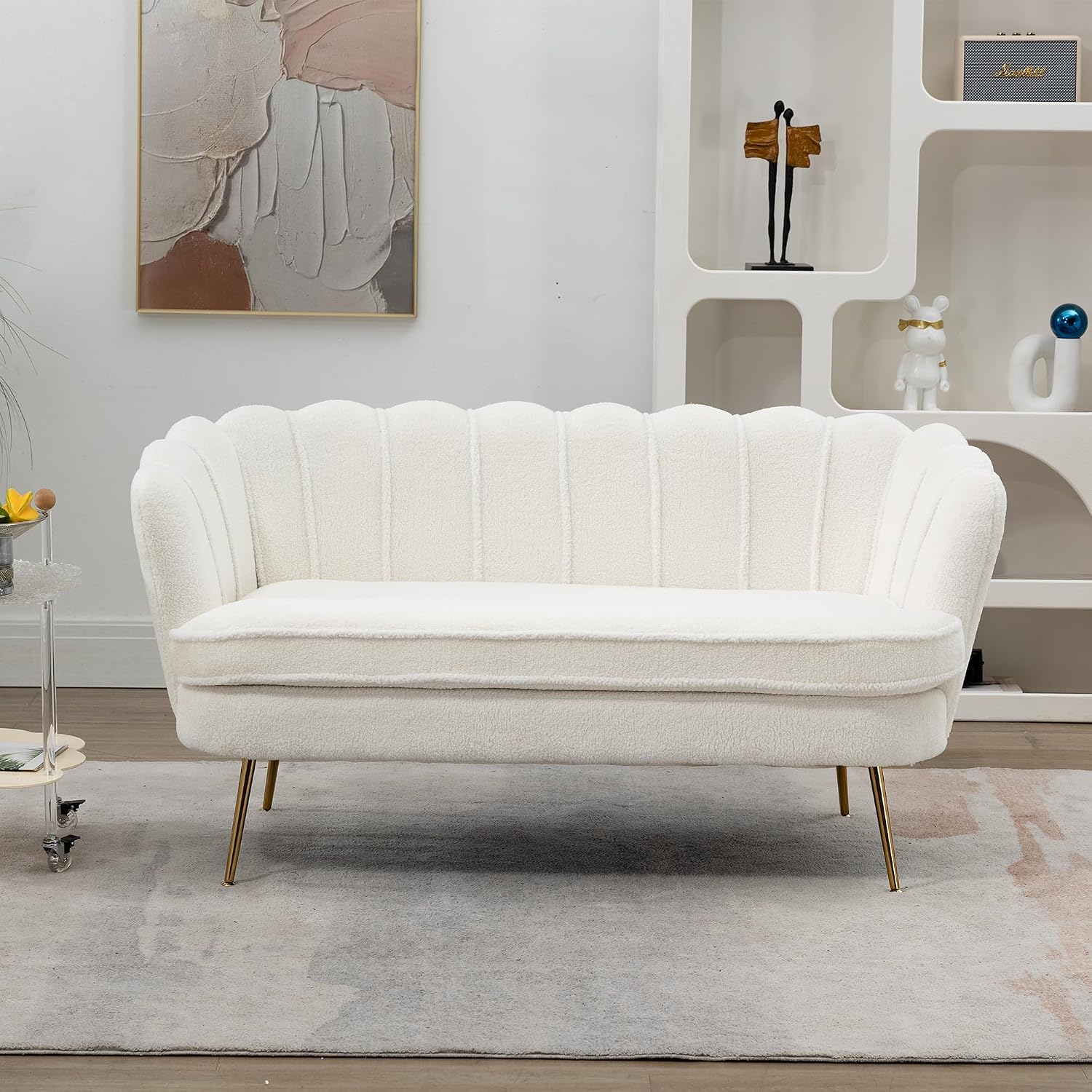 GoFurnitureHub 59" Modern Bouclé Loveseat – Ivory 2-Seater Sofa with Gold Metal Legs