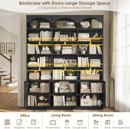 GoFurnitureHub 78" Arched Bookcase with Doors – 15-Shelf Wide Storage Cabinet, Black