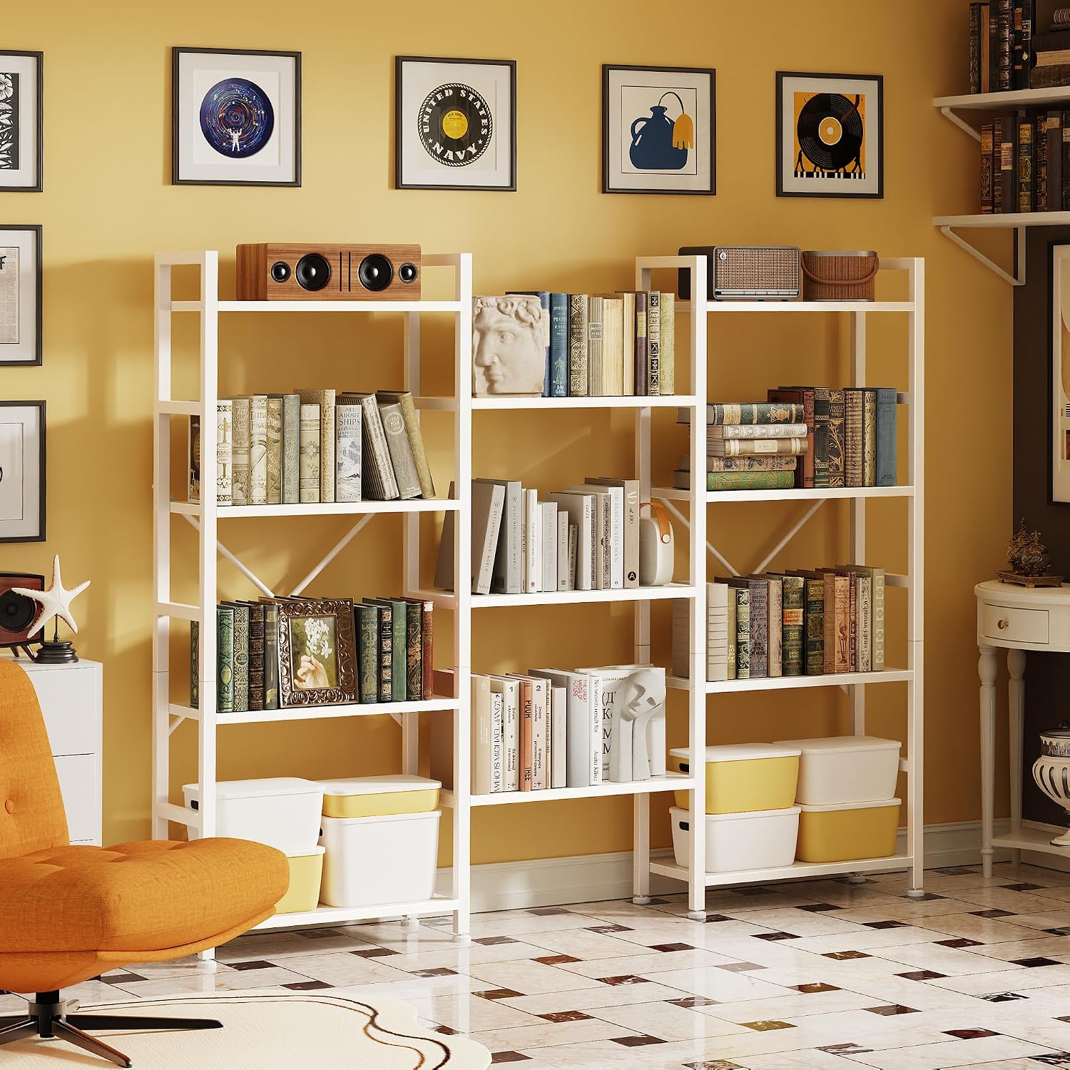 GoFurnitureHub 4-Tier Triple Bookshelf – Wide 11-Shelf White Bookcase for Home & Office