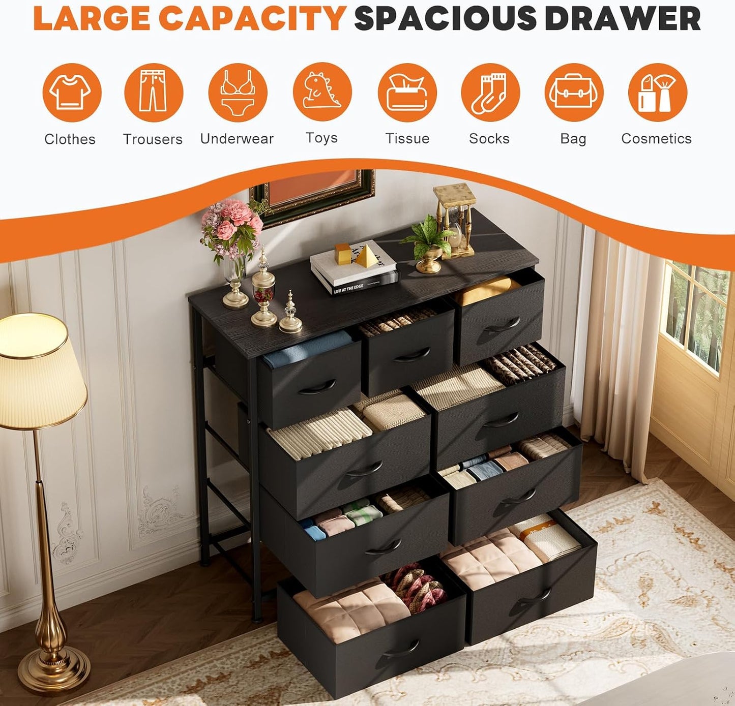 GoFurnitureHub 9-Drawer Fabric Dresser – Storage Tower with Wood Top & Steel Frame, Classic Black