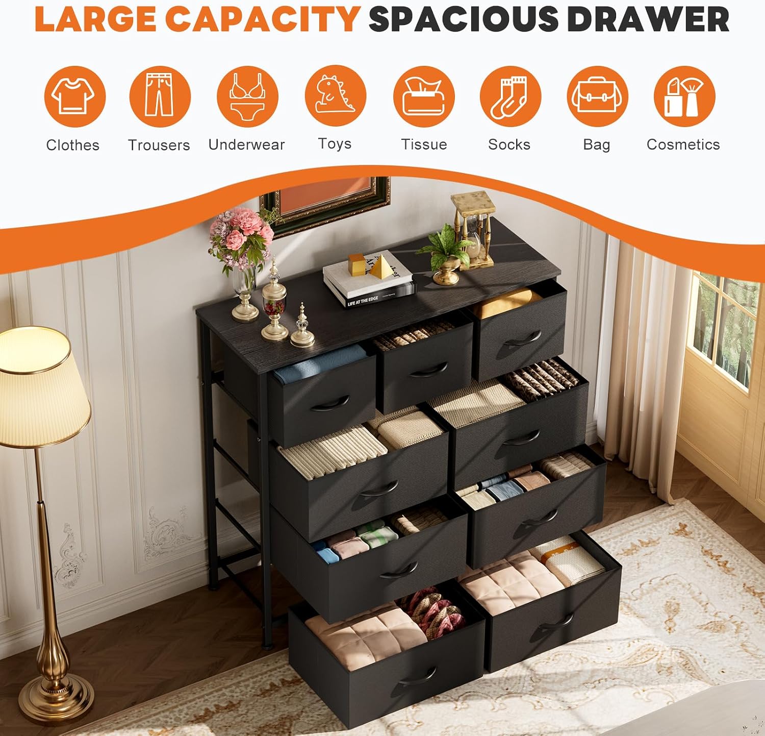GoFurnitureHub 9-Drawer Fabric Dresser – Storage Tower with Wood Top & Steel Frame, Classic Black