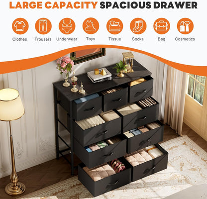 GoFurnitureHub 9-Drawer Fabric Dresser – Storage Tower with Wood Top & Steel Frame, Classic Black
