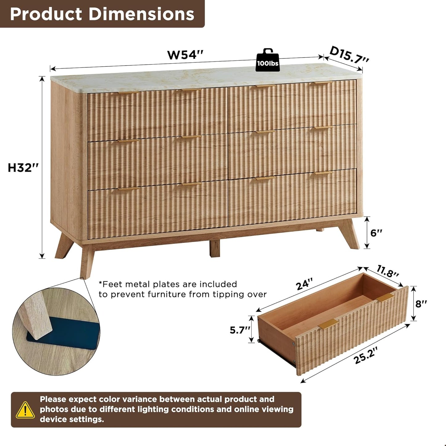 GoFurnitureHub 54" Fluted 6-Drawer Dresser with Faux Marble Top – Modern Natural Oak Storage Chest