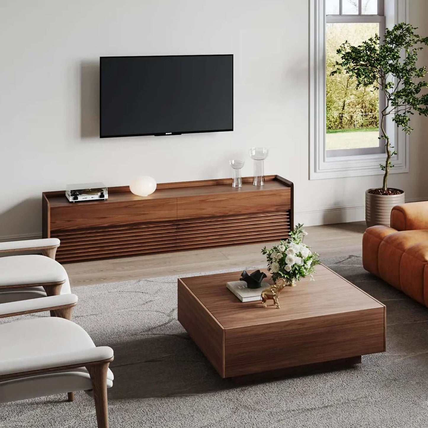 GoFurnitureHub 39.4" Modern Square Coffee Table – Walnut Wood Coffee Table with Hidden Storage