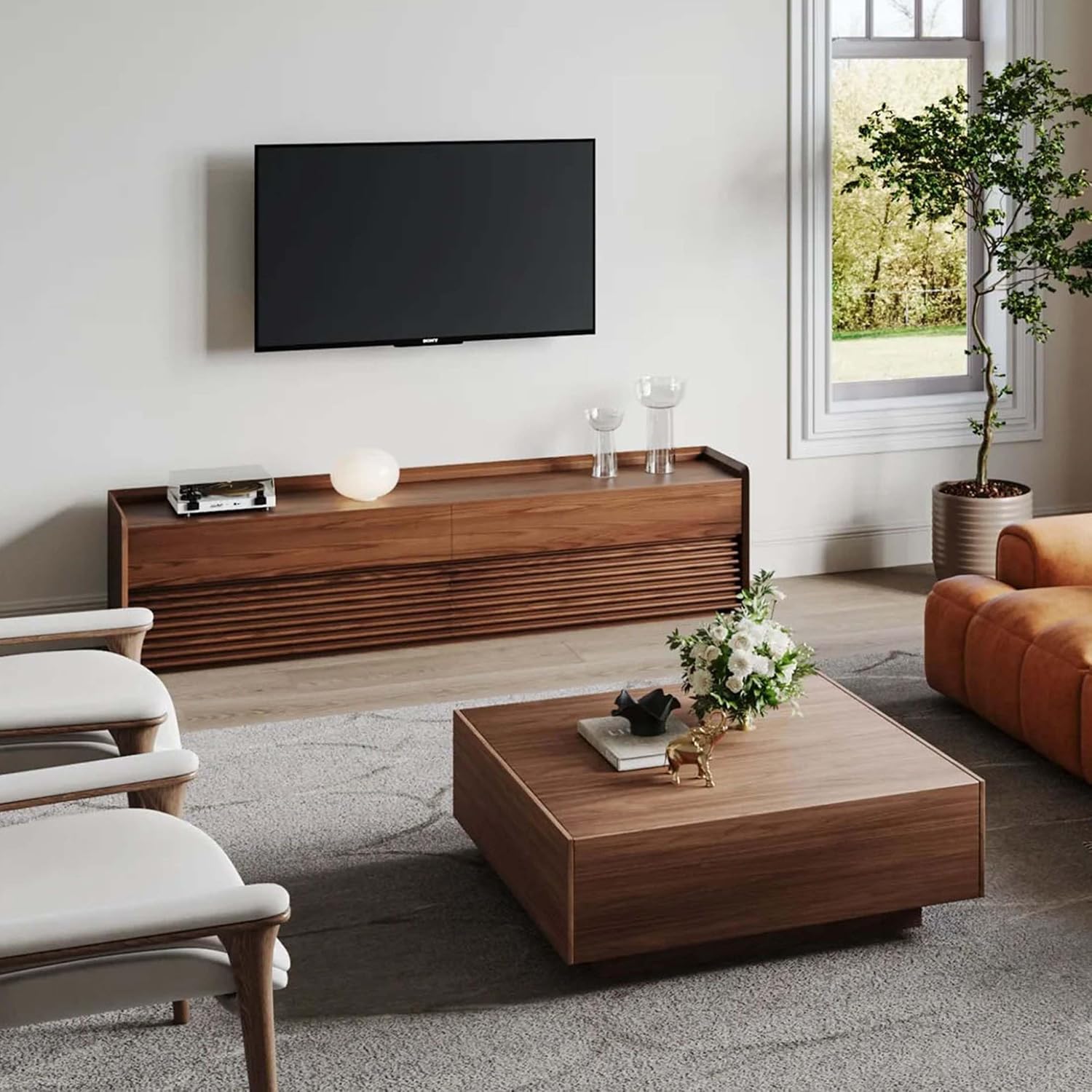 GoFurnitureHub 39.4" Modern Square Coffee Table – Walnut Wood Coffee Table with Hidden Storage