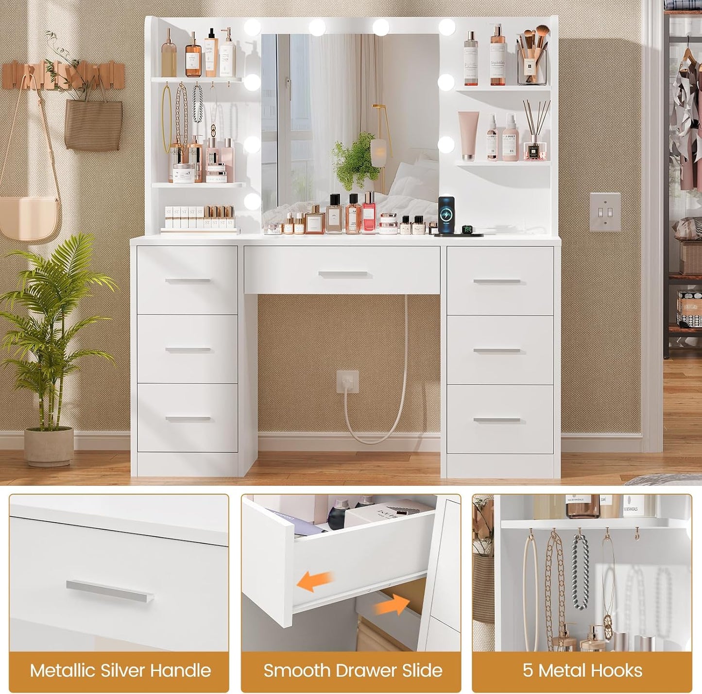 GoFurnitureHub Large White Vanity Desk with LED Mirror & Power Outlet – Makeup Table with 7 Drawers, 4 Shelves & 5 Hooks