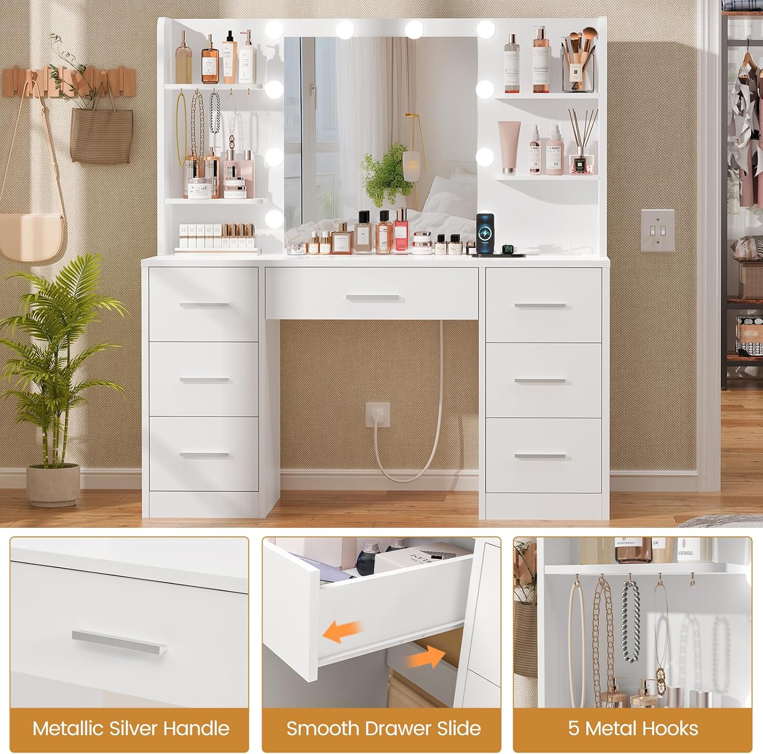 GoFurnitureHub Large White Vanity Desk with LED Mirror & Power Outlet – Makeup Table with 7 Drawers, 4 Shelves & 5 Hooks