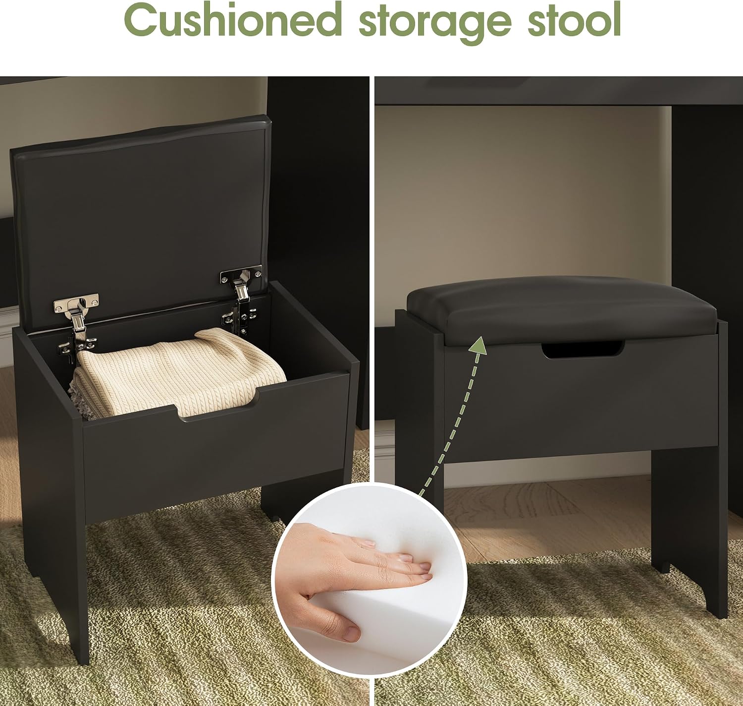 GoFurnitureHub Small Black Vanity Desk with LED Mirror, Storage Chair & Power Outlet – Makeup Vanity Set with Adjustable Lights