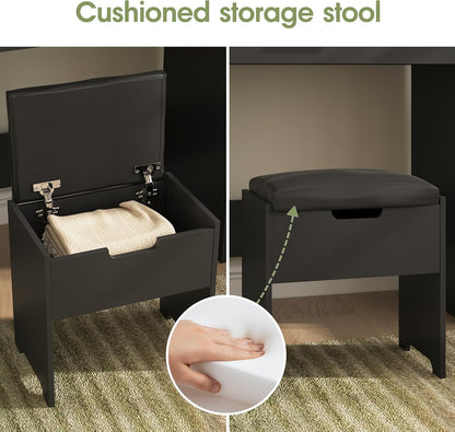 GoFurnitureHub Small Black Vanity Desk with LED Mirror, Storage Chair & Power Outlet – Makeup Vanity Set with Adjustable Lights