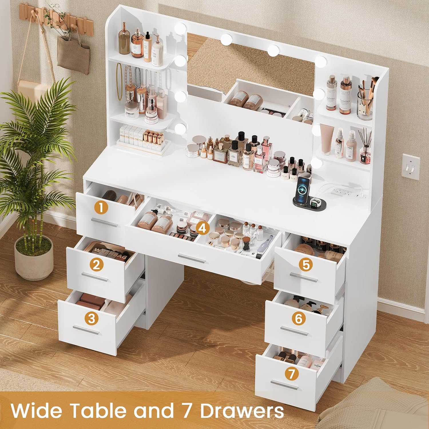GoFurnitureHub Large White Vanity Desk with LED Mirror & Power Outlet – Makeup Table with 7 Drawers, 4 Shelves & 5 Hooks