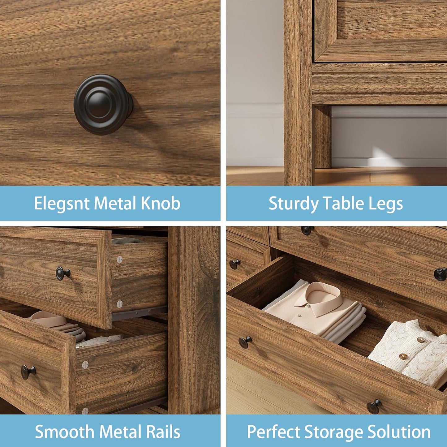 GoFurnitureHub Modern Walnut 6-Drawer Bedroom Dresser – 55"