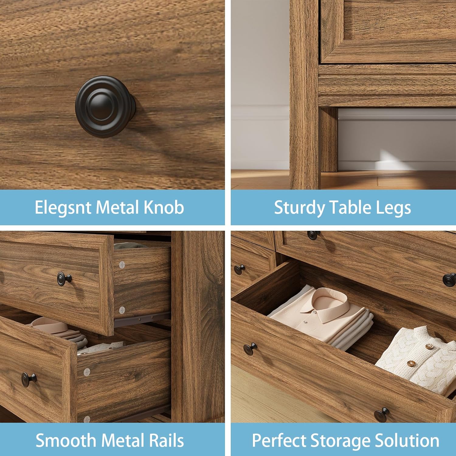 GoFurnitureHub Modern Walnut 6-Drawer Bedroom Dresser – 55"