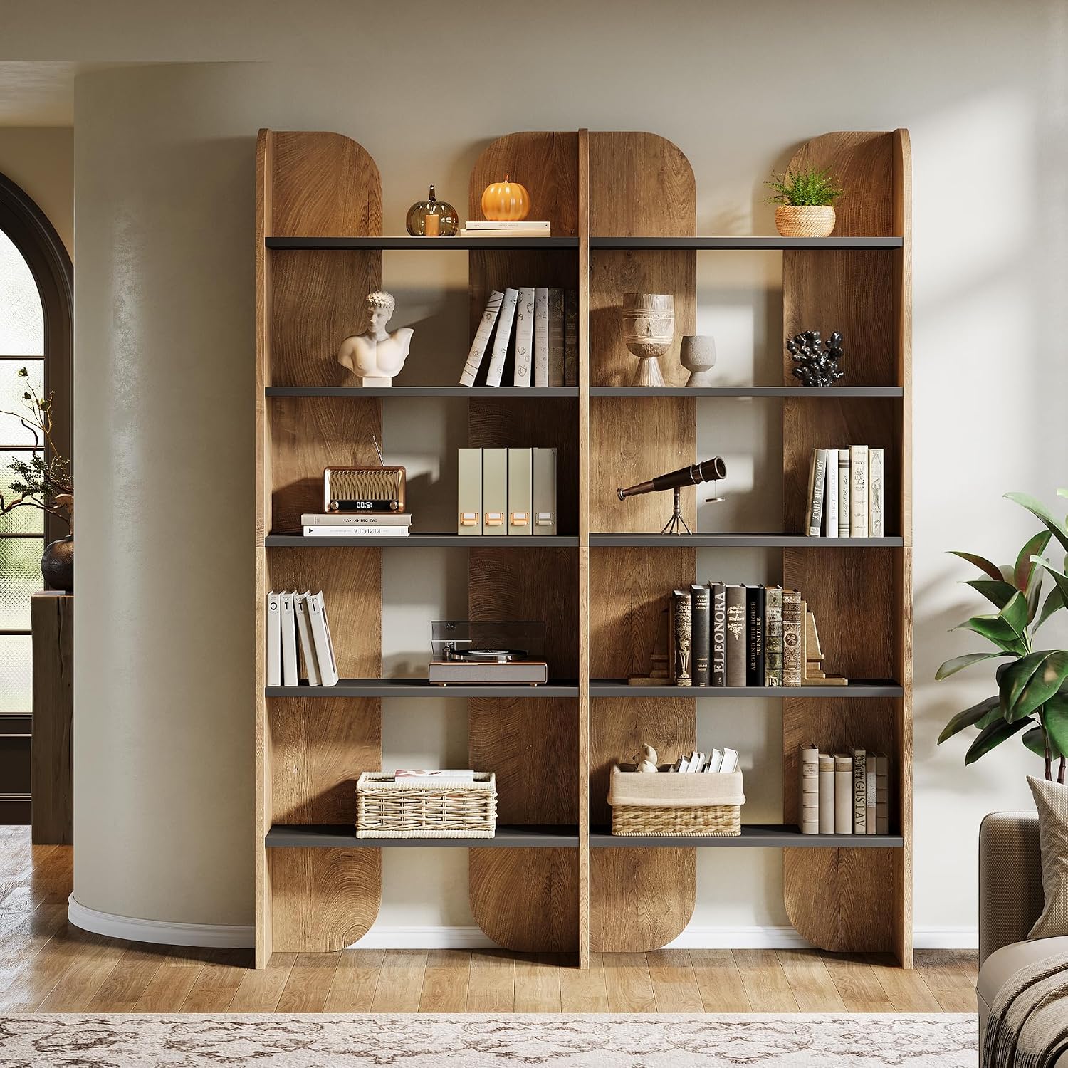 GoFurnitureHub 70.87" Tall Farmhouse Bookcase – 5-Tier Double Wide Open Bookshelf, Brown