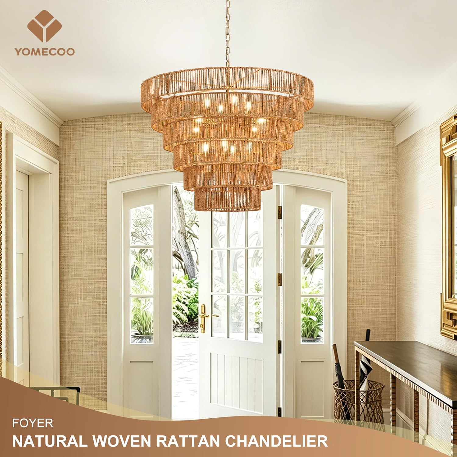 GoFurnitureHub 31.5" Large Gold Rattan Chandelier – 12-Light Handwoven Boho Farmhouse Drum Ceiling Light