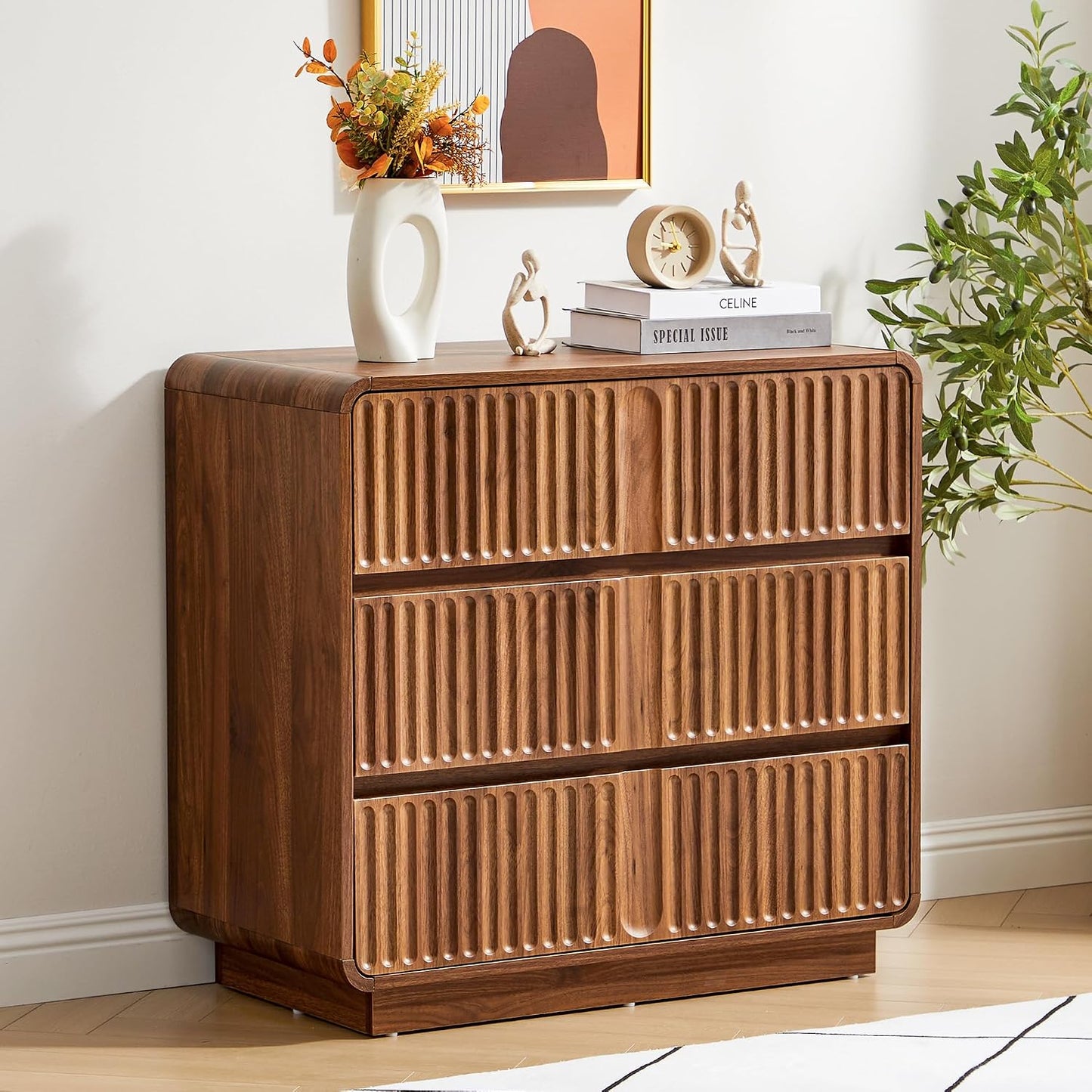 GoFurnitureHub 31.5" Mid-Century Modern 3-Drawer Dresser – Fluted Walnut Wood Storage Chest