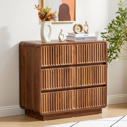 GoFurnitureHub 31.5" Mid-Century Modern 3-Drawer Dresser – Fluted Walnut Wood Storage Chest