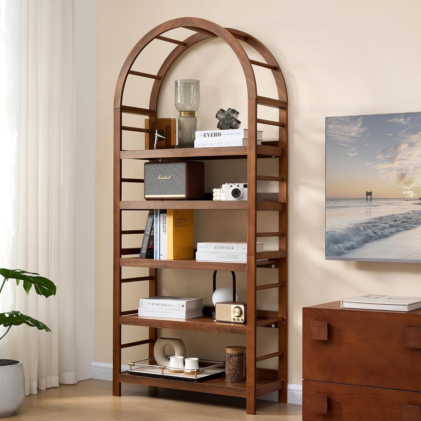 GoFurnitureHub 5-Tier Solid Wood Arched Bookshelf – Modern Walnut Open Display Bookcase for Home & Office