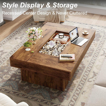 GoFurnitureHub 47.2" Rustic Coffee Table Modern Wood Center Table with LED Lighting & Storage, Rustic Brown