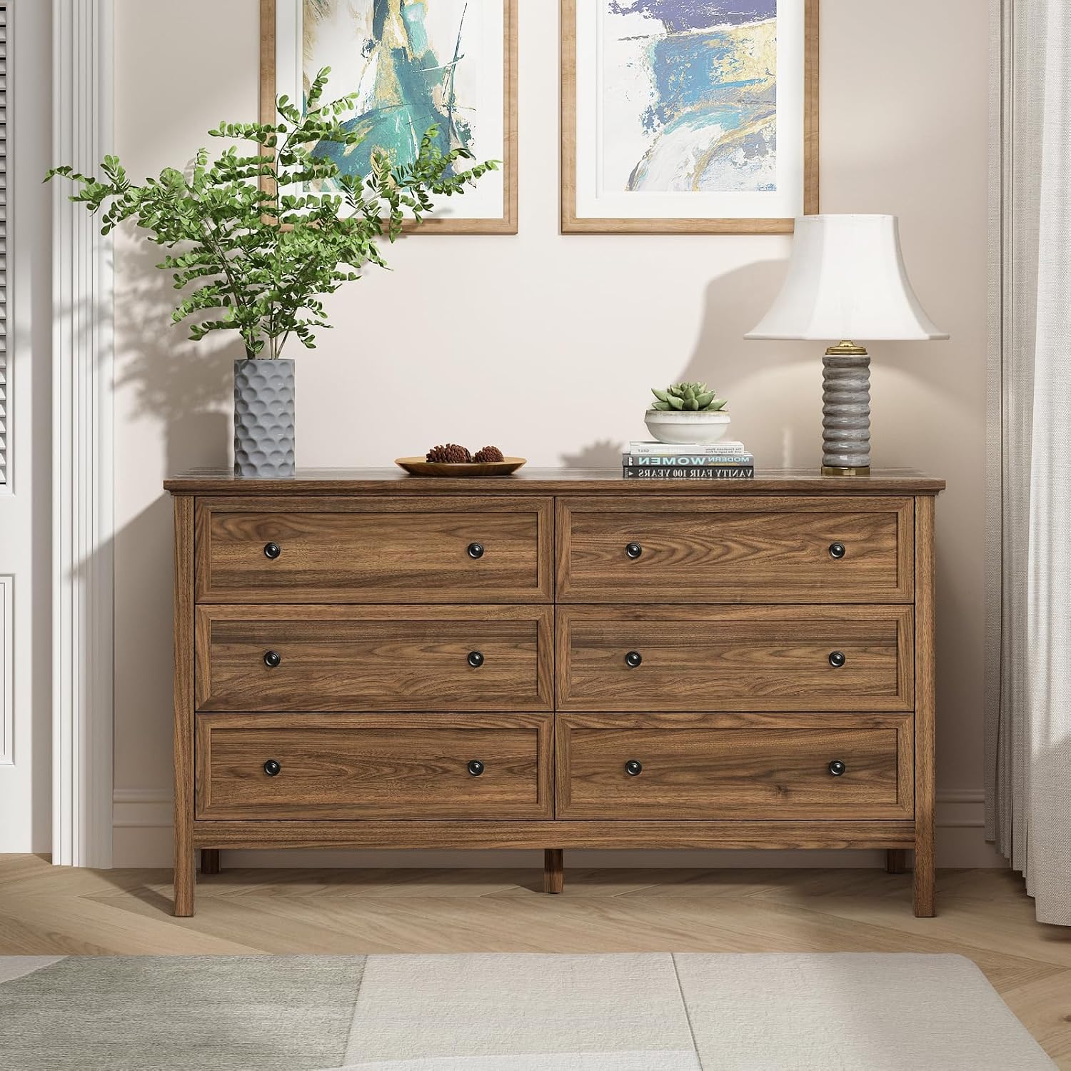 GoFurnitureHub Modern Walnut 6-Drawer Bedroom Dresser – 55"