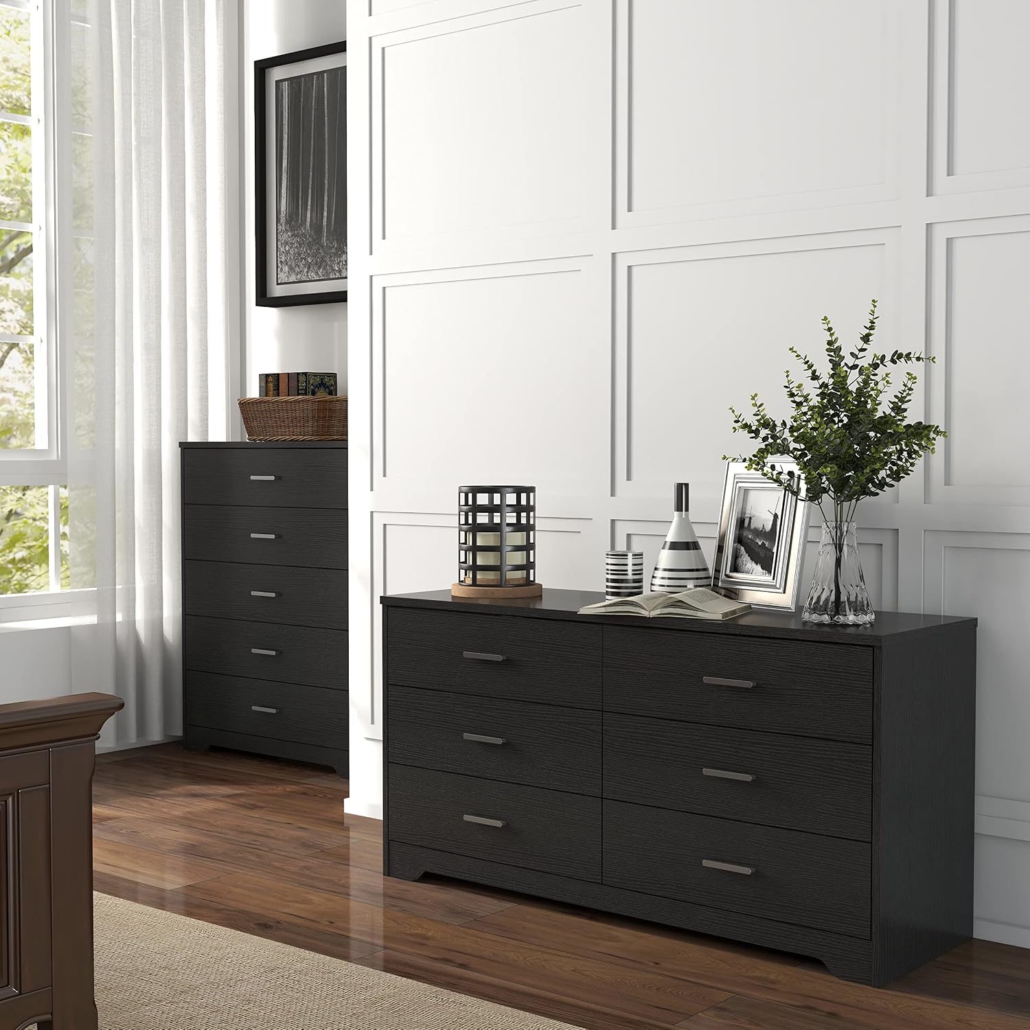 GoFurnitureHub Modern 6-Drawer Dresser – Wide Black Wooden Storage Chest for Bedroom & Living Room