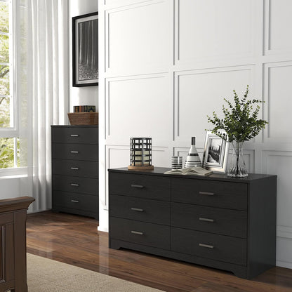 GoFurnitureHub Modern 6-Drawer Dresser – Wide Black Wooden Storage Chest for Bedroom & Living Room
