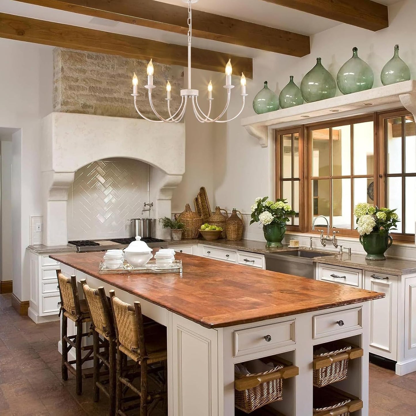 GoFurnitureHub 26" French Country 6-Light Farmhouse Chandelier – Antique White Candle Ceiling Light