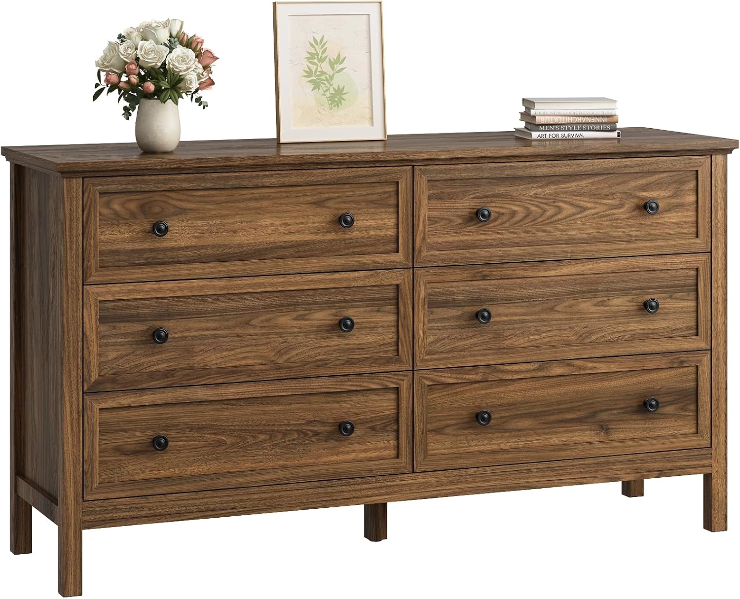 GoFurnitureHub Modern Walnut 6-Drawer Bedroom Dresser – 55"