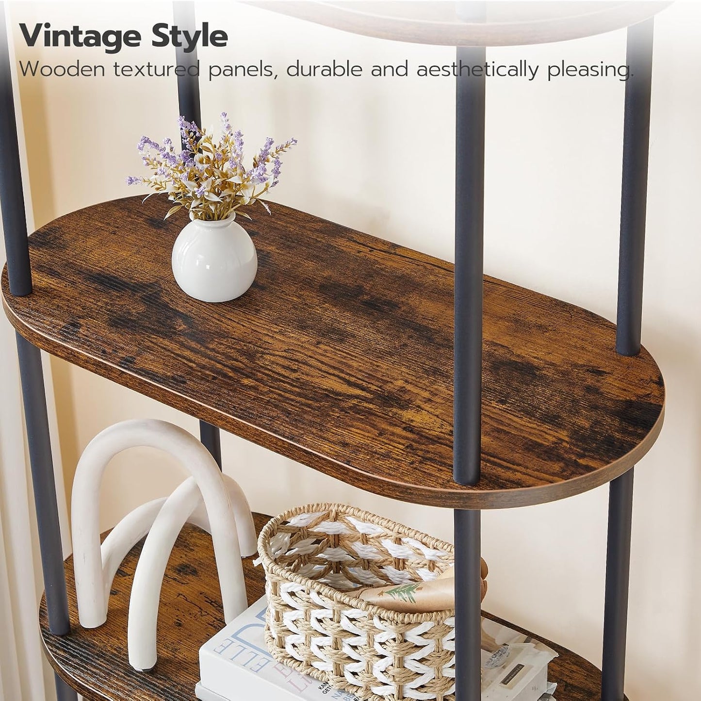 GoFurnitureHub 5-Tier Arched Bookcase – Industrial Wood & Metal Display Shelf, Rustic Brown