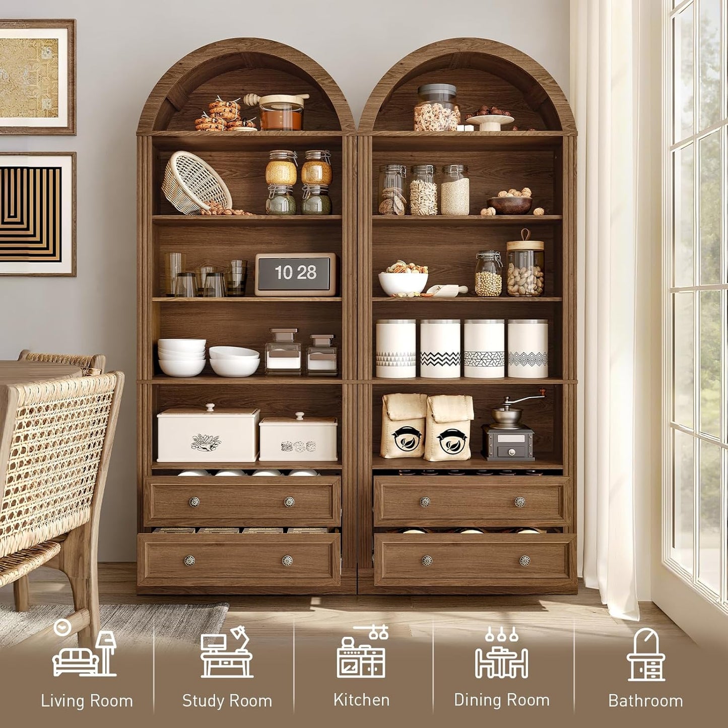 GoFurnitureHub 7-Tier Farmhouse Arched Bookshelf – Walnut Bookcase with 2 Drawers & Storage Cabinet