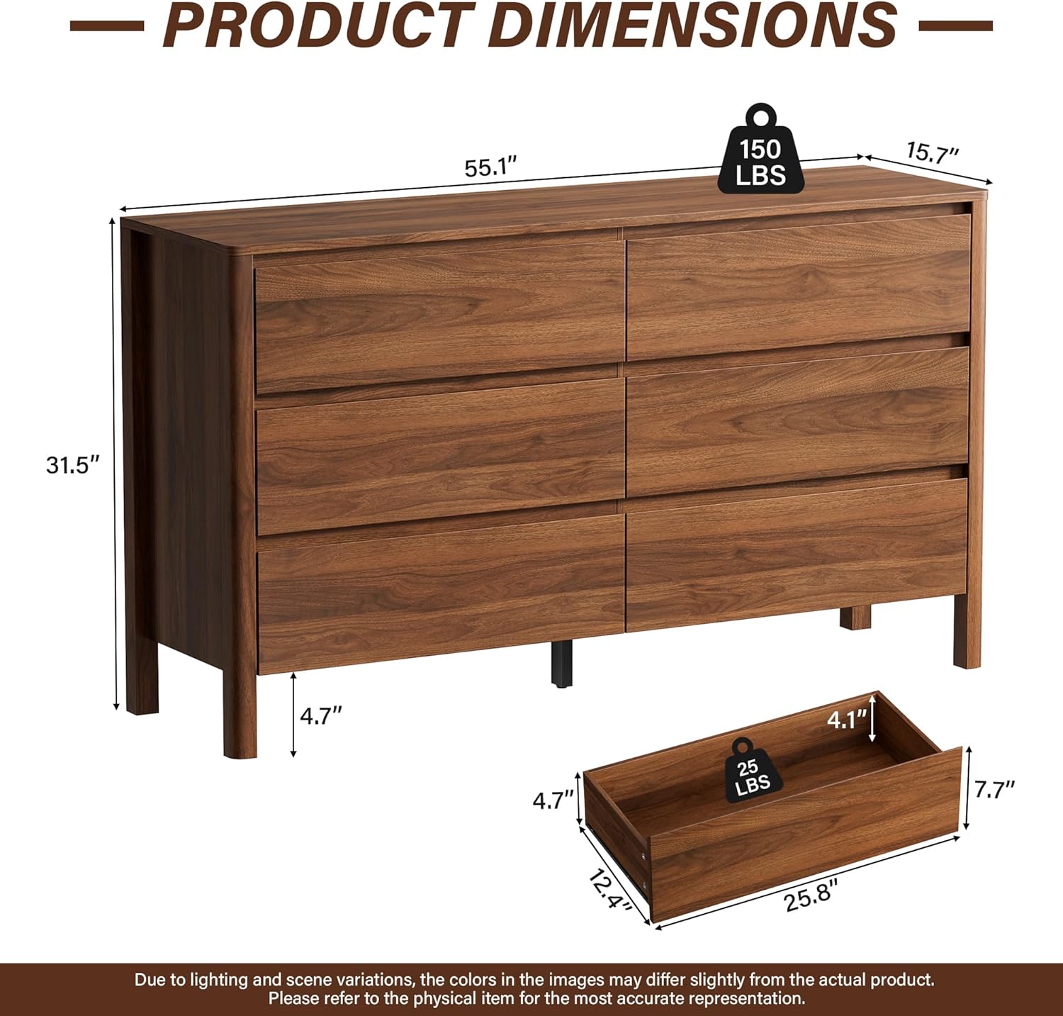GoFurnitureHub 55" Mid-Century Modern 6-Drawer Dresser – Walnut Wood Storage Chest