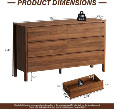 GoFurnitureHub 55" Mid-Century Modern 6-Drawer Dresser – Walnut Wood Storage Chest