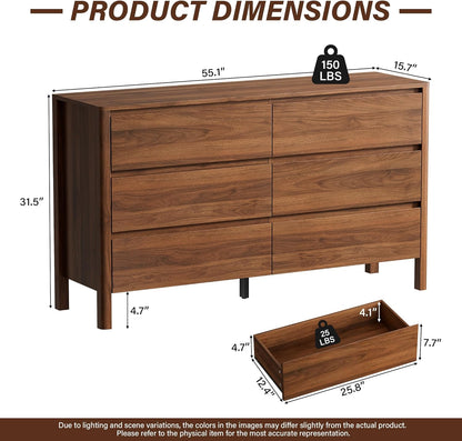 GoFurnitureHub 55" Mid-Century Modern 6-Drawer Dresser – Walnut Wood Storage Chest